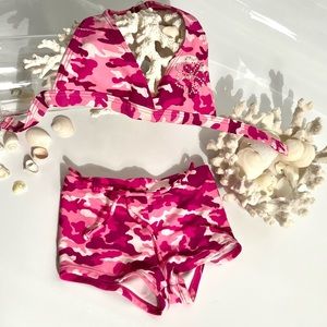 Coral Cove Girls 2 Piece Bathing Suit Pink Camo rhinestone floral design S 7 NEW